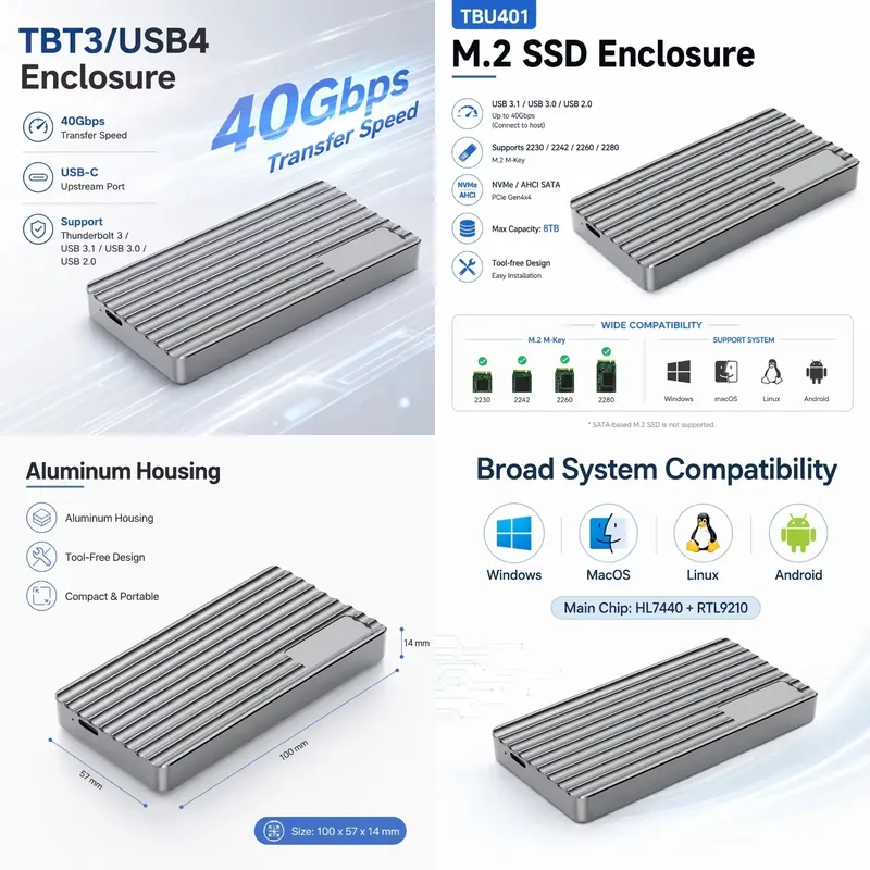 Usb4 40Gbps External Ssd 8Tb - AP01 untuk Aluminium M.2 NVMe SSD